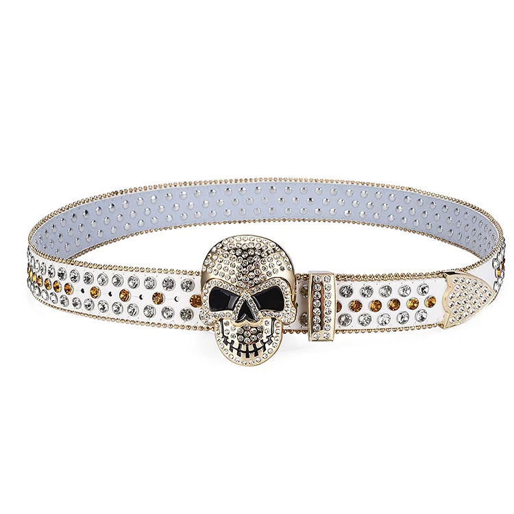 Rivet Skull Buckle Rhinestones Embellished Leather Belt at Hiphopee