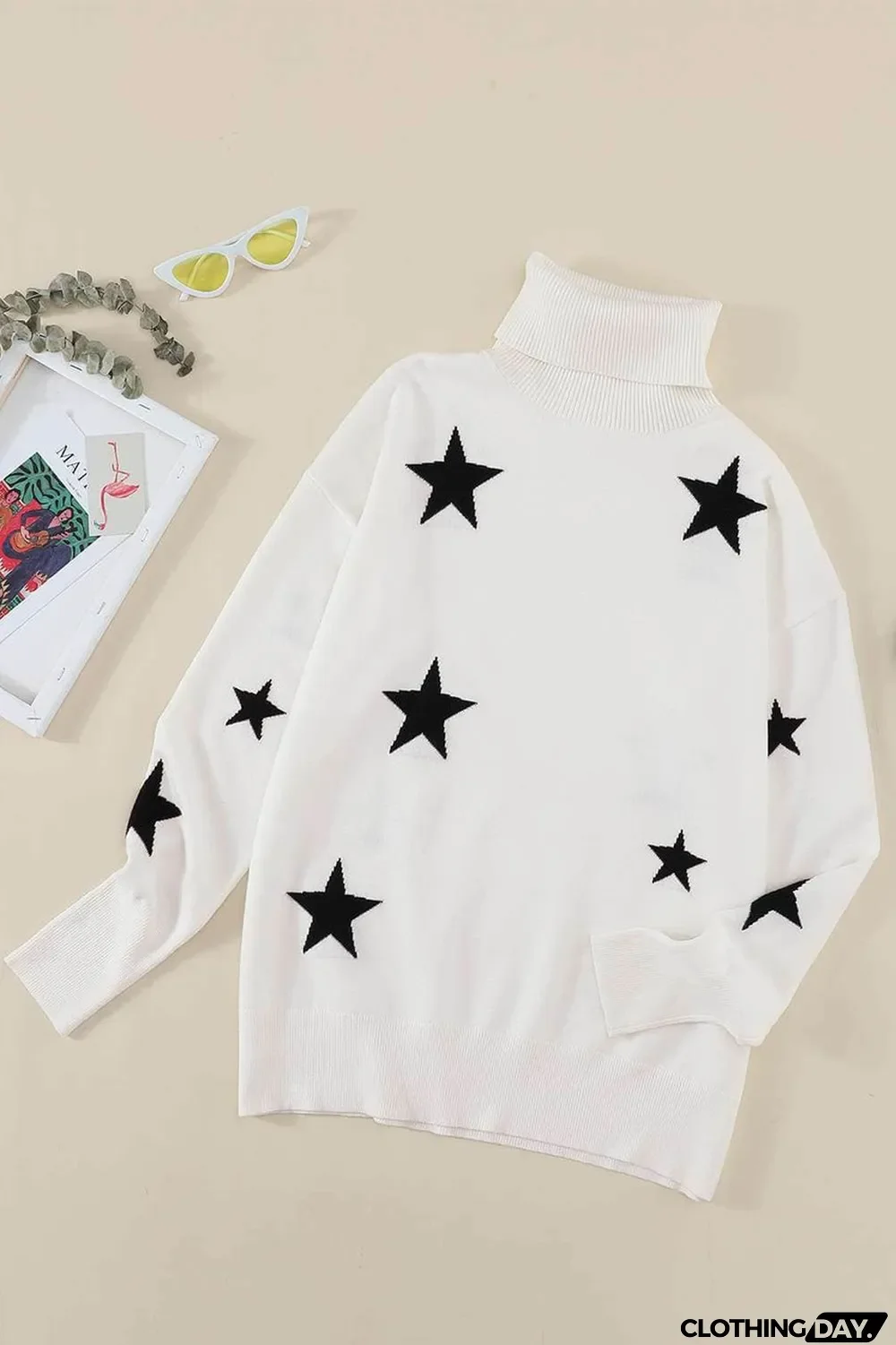 White Turtleneck Dropped Sleeve Star Print Sweater