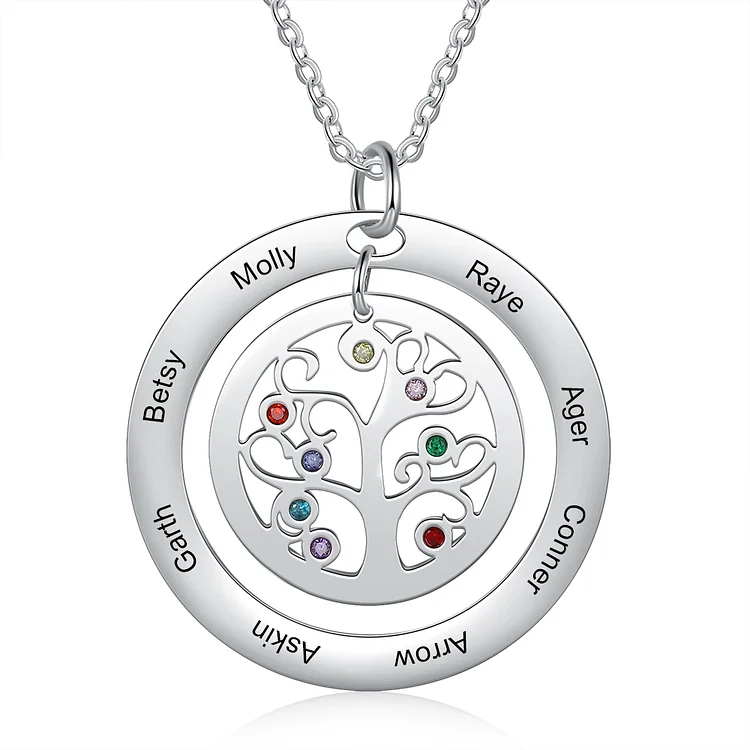 Collar con colgante de árbol de la vida Árbol genealógico 8 nombres con 8 piedras de nacimiento