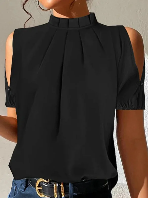 Loose Short Sleeves Hollow Pleated Solid Color Split-Joint Stand Collar Blouses