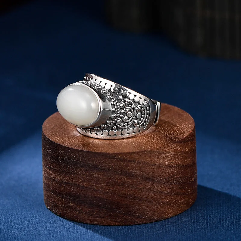 S925 Silver Malachite White Jade Vintage Adjustable Ring