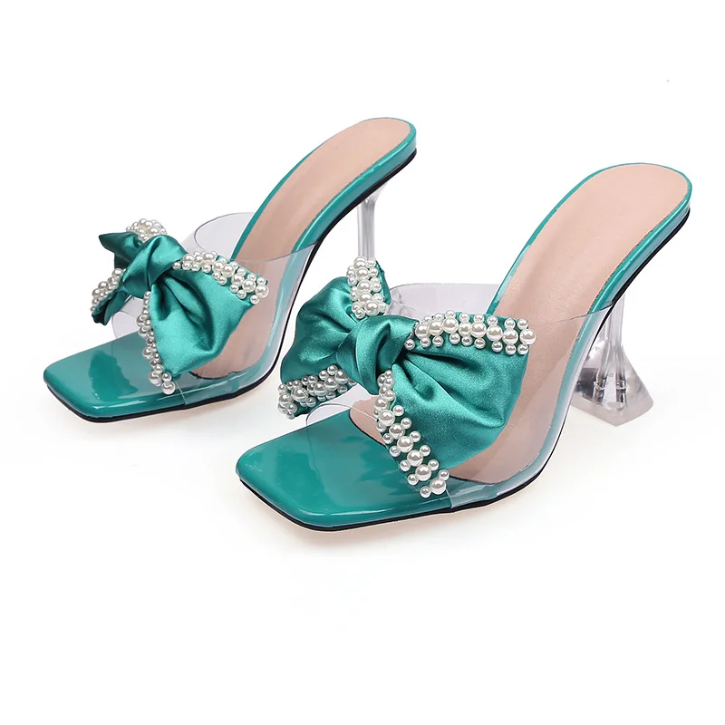 Wongn Wongn New Wine Glass With Square Head Flip-Flop Fashion Party High Heel Women's Shoes Bow Flowers