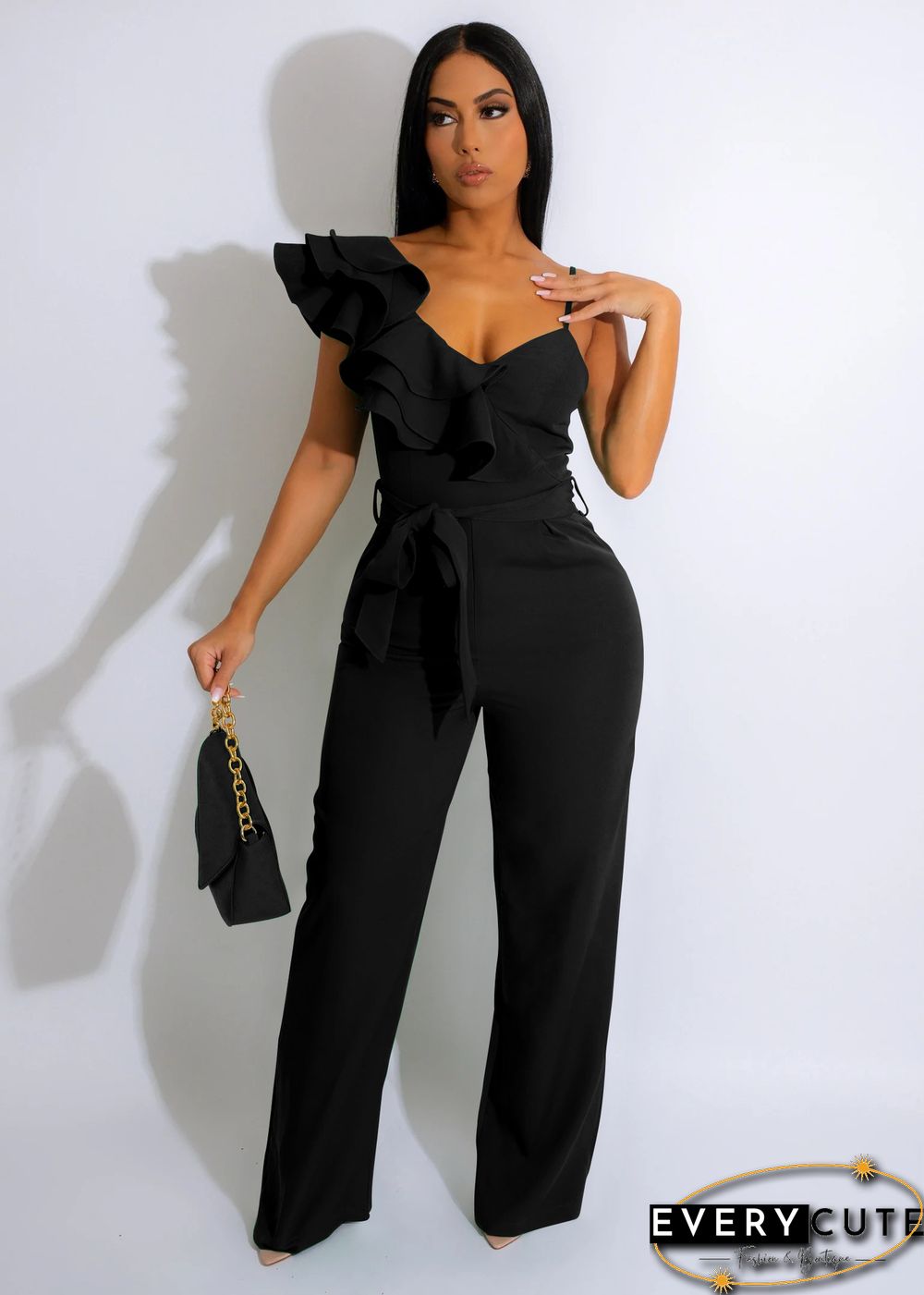 Fashion Ruffled Sleeveless Waist Deep V Loose Jumpsuit