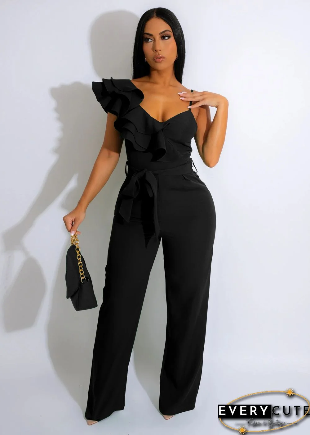 Fashion Ruffled Sleeveless Waist Deep V Loose Jumpsuit