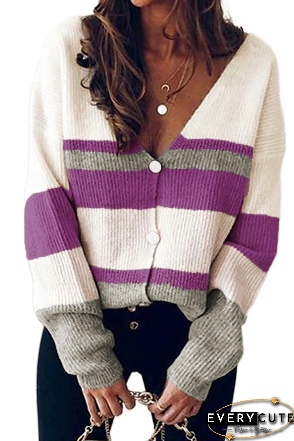 Purple V Neck Button Closure Colorblock Knit Sweater