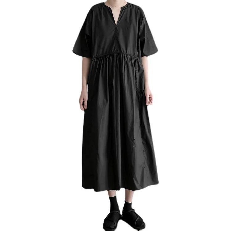 Simple Loose Black Y-neck Splicing Folds Waist Half Sleeve Big Hem Dress      