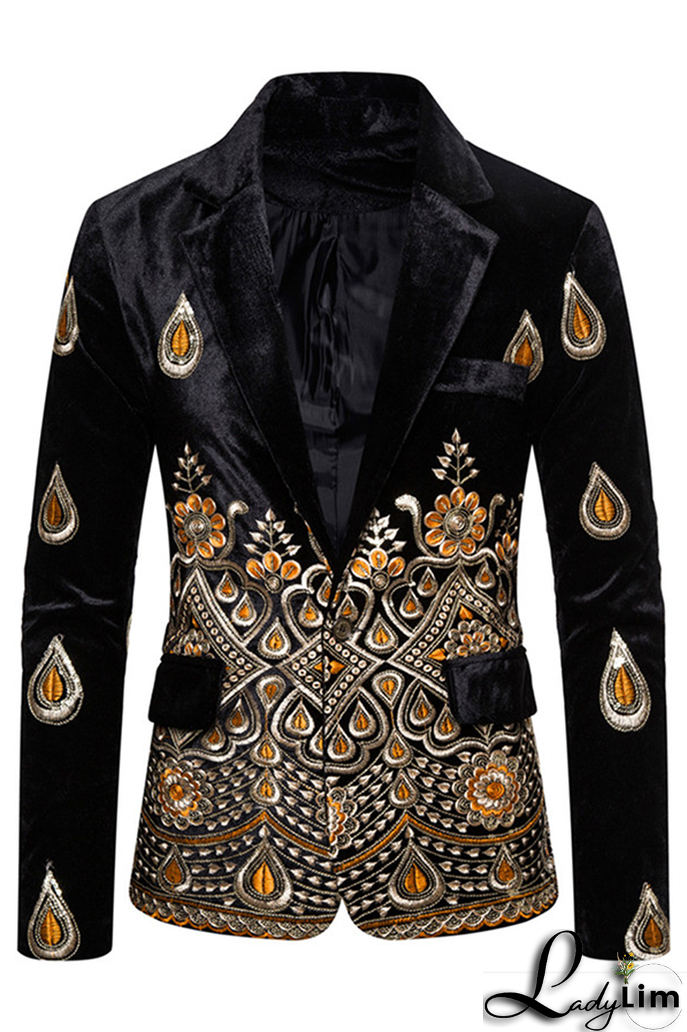 Burgundy Fashion Embroidery Split Joint Buttons Turn-back Collar Outerwear