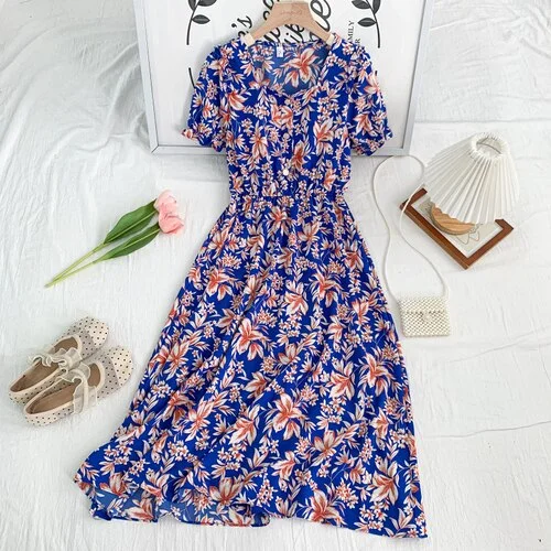 Fashion square collar short sleeve Dress single breasted high waist pleated print mid-long A-line Dress 2023 New Summer