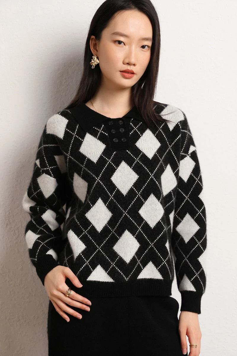 Sonicelife 2023 Autumn and Winter Women's New Thickened Sesame Dot Contrast Color Rhombus Loose Cashmere Sweater