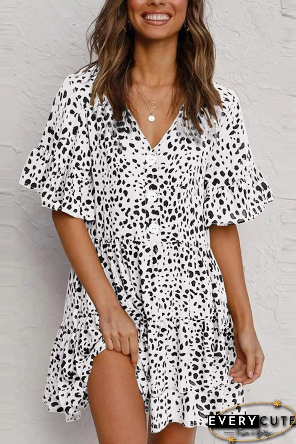 White Leopard V Neck Ruffled Mini Dress with Buttons