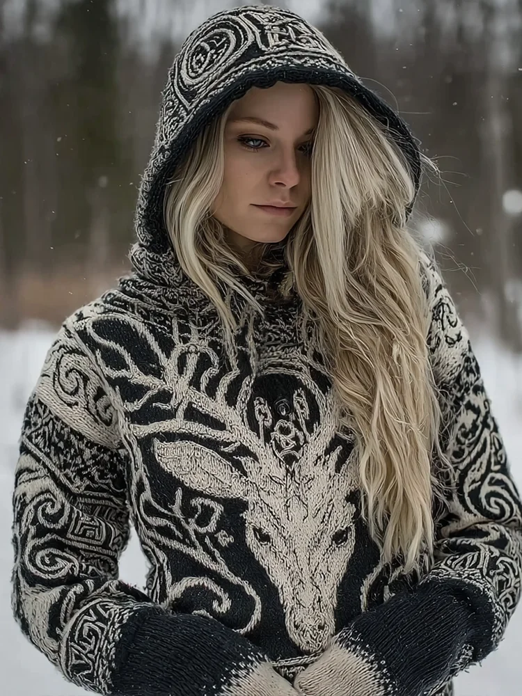 Vintage Viking Celtic Style Deer Pattern Women's Hooded Sweater
