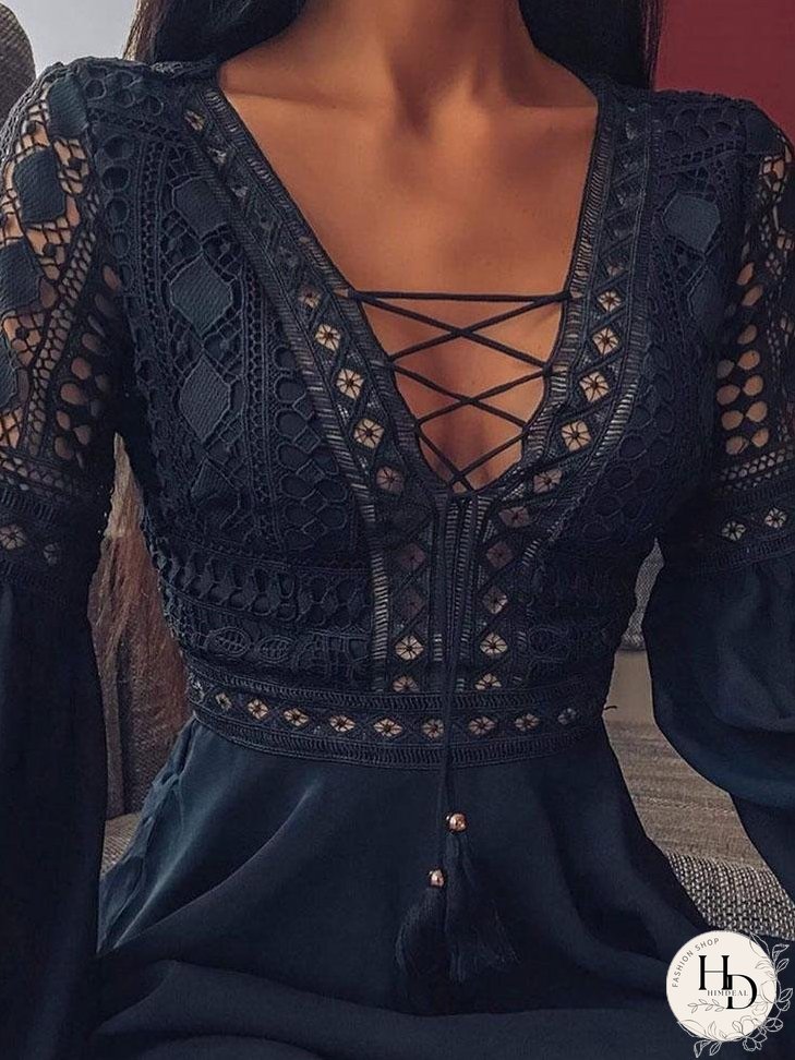 Deep V-neck Tie Long Sleeve Mini Dress