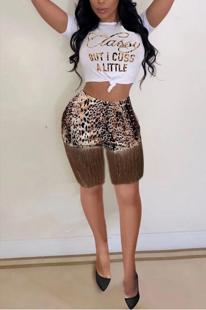 Letter Printed Top Leopard Short Set