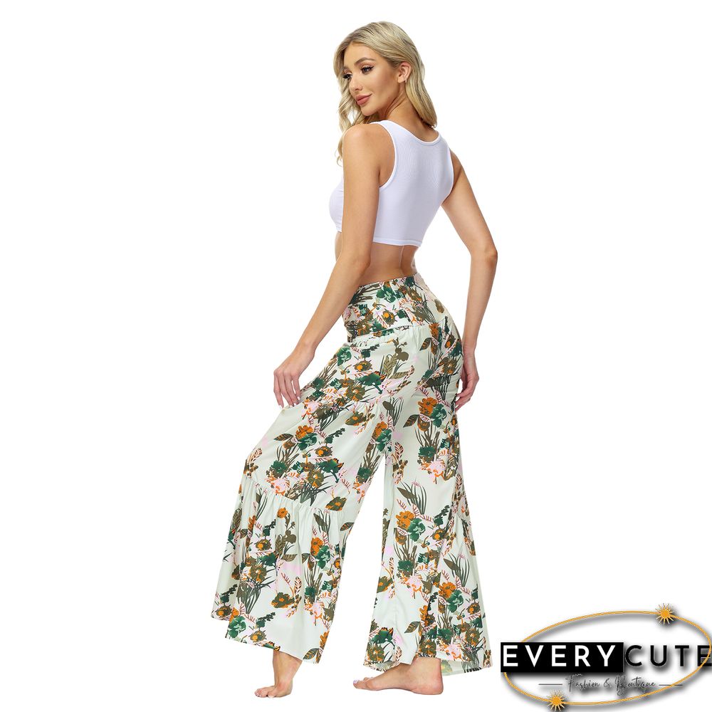 Light Green Digital Print Tie Waist Beachwear Wide Leg Pants