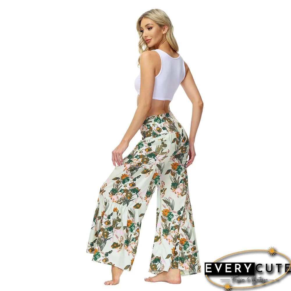 Light Green Digital Print Tie Waist Beachwear Wide Leg Pants