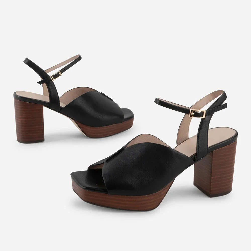 Chunky Heel Square Toe Ankle Strap Buckle Black Platform Sandals