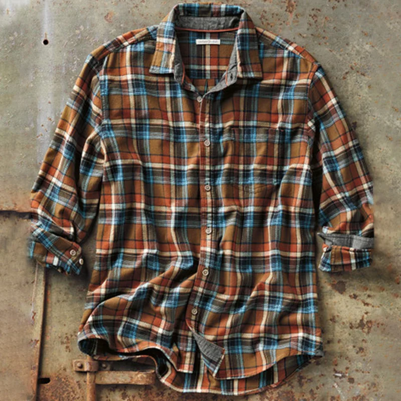 Casual loose check lapel shirt men
