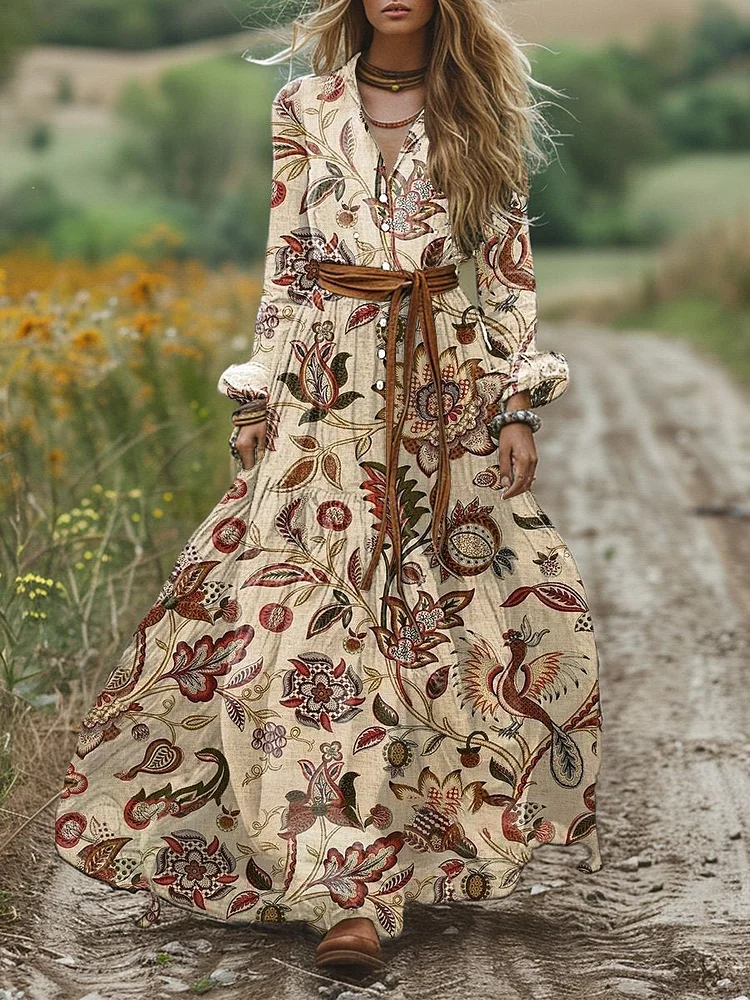 Women's Vintage Ethnic Floral Art Patterns Print Pocket Cotton Maxi Dress