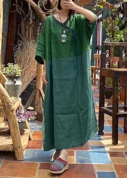 Women Linen Clothes Plus Size Summer Lace-up Green Spliced Dress