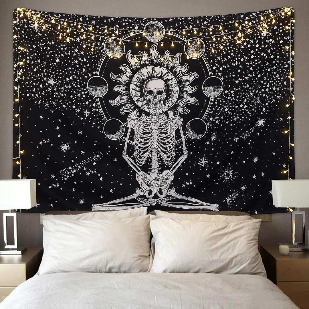 Hippie Mandala Skull Tapestry Wall Hanging Tarot Night Psychedelic Chakra Tapestry Moon World Map Landscape Wall Carpet Blanket