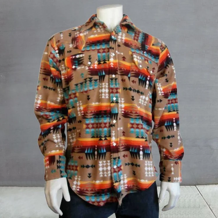 Men's Native Pattern Fleece Western Shirt in Camel & Red