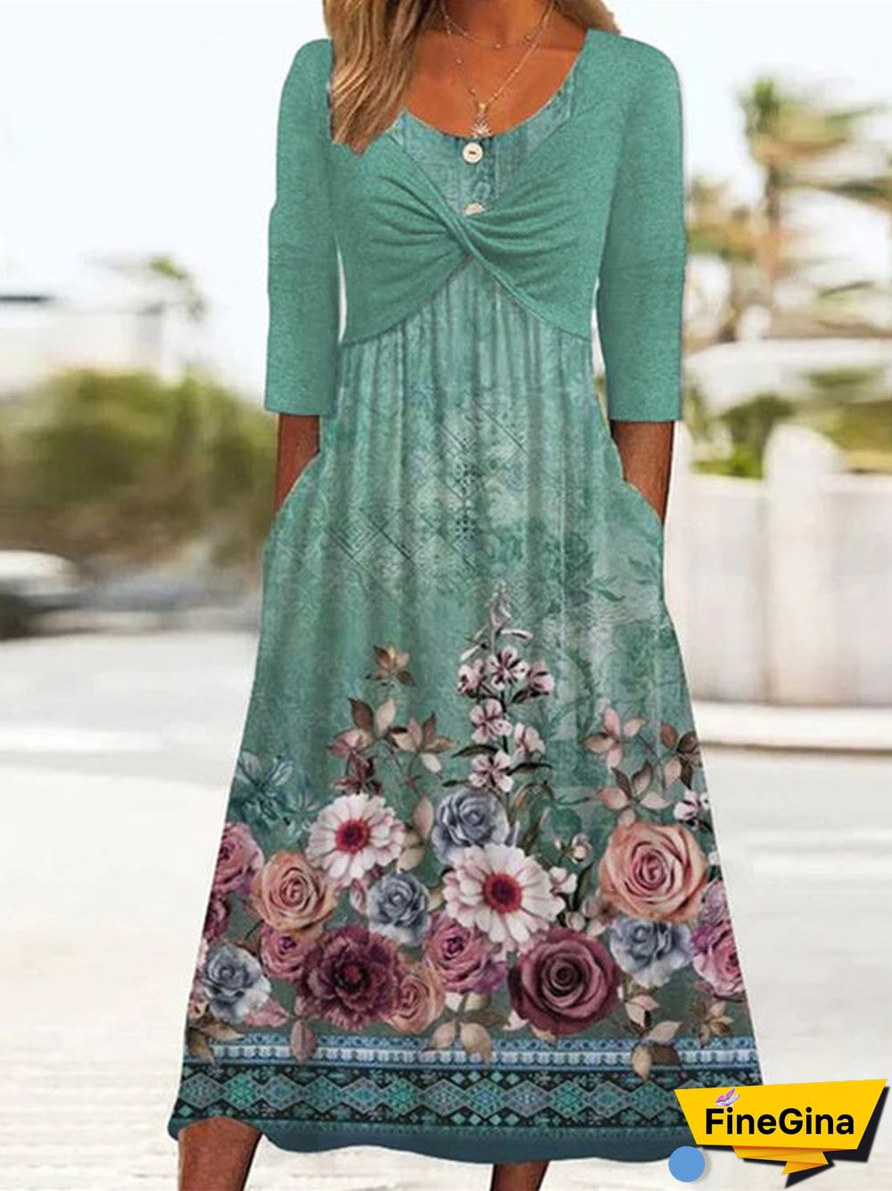 Women's Short Sleeve Scoop Neck Floral Printed Casual Midi Dress