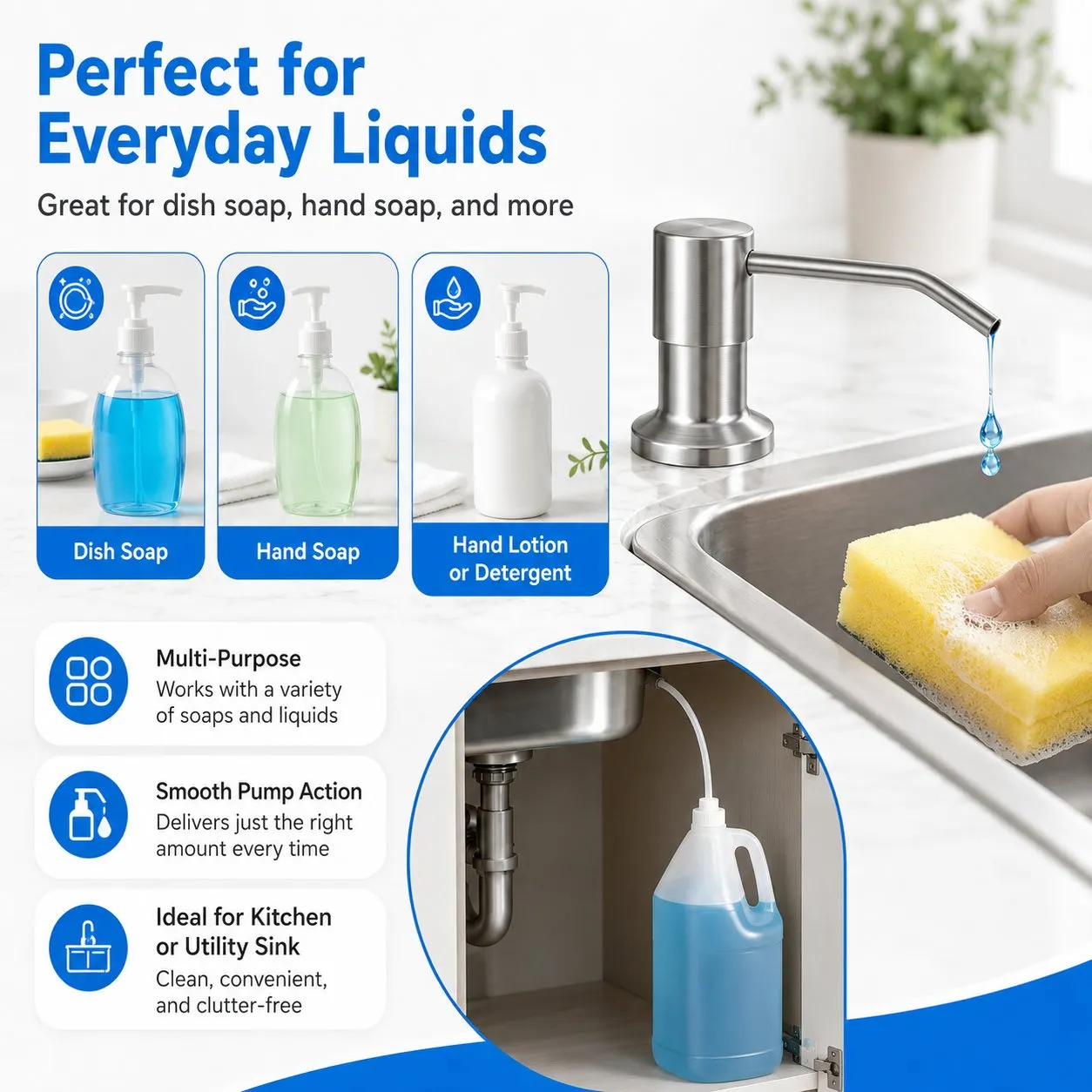 Four-step installation guide for a built-in kitchen sink soap dispenser