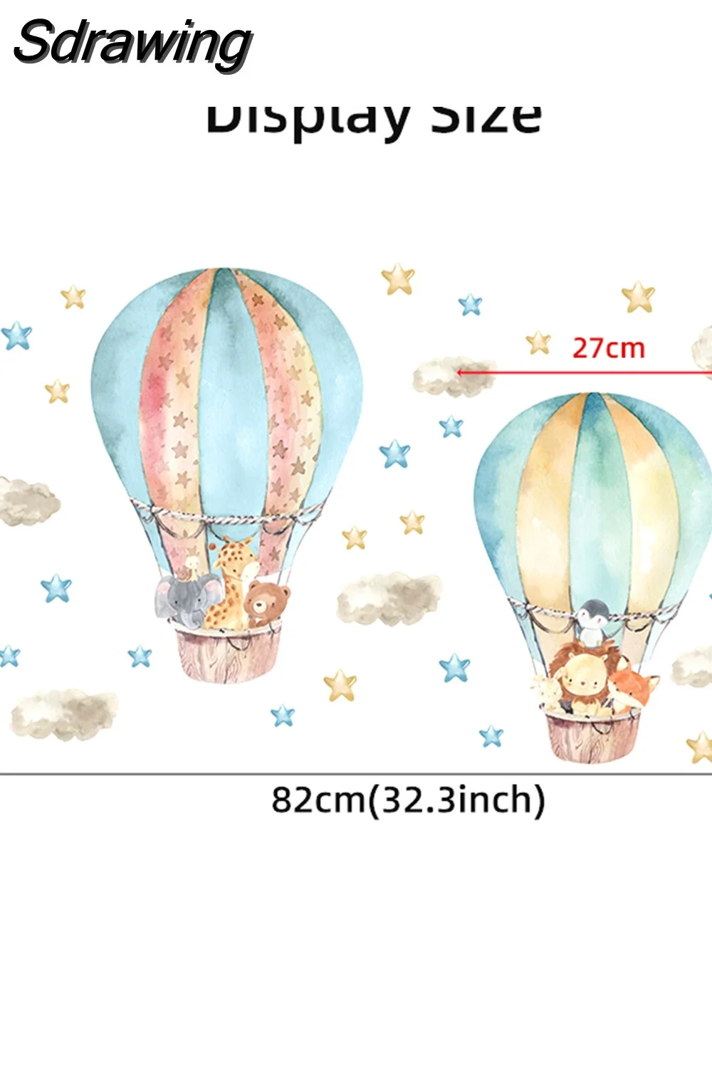 Sdrawing Animals Hot Air Balloon Clouds Wall Stickers Blue Color for Kids Room Baby Nursery Room Wall Decals Boy Room Stickers