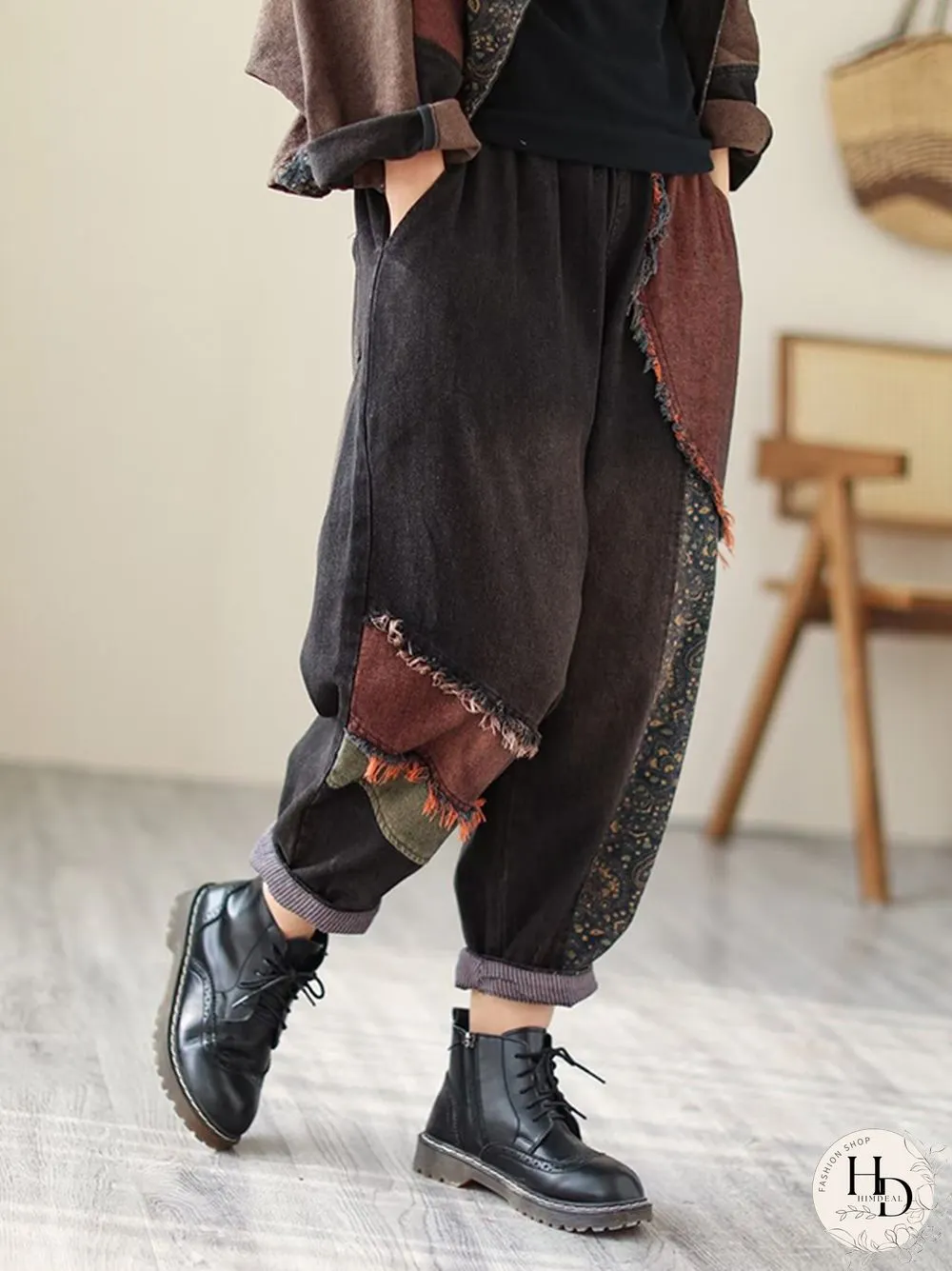Contrast Color Fringed Split-Joint Long Sleeves Printed Outwear Harem Pants Two Pieces Set