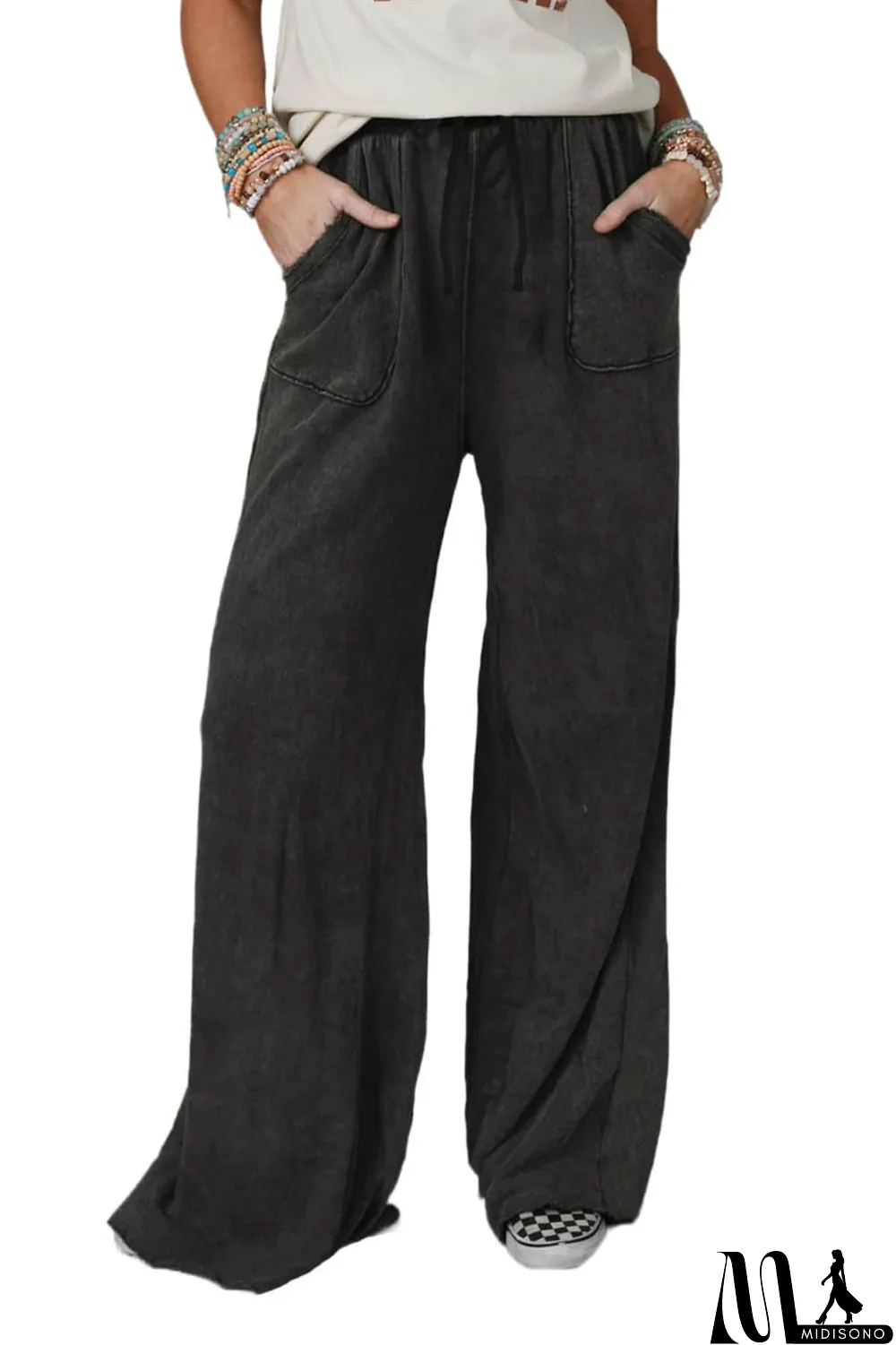MidiSono - Gray Mineral Washed Drawstring Retro Wide Leg Pants