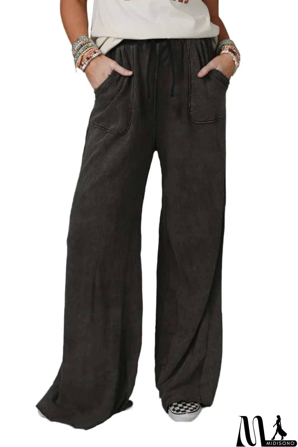 MidiSono - Gray Mineral Washed Drawstring Retro Wide Leg Pants