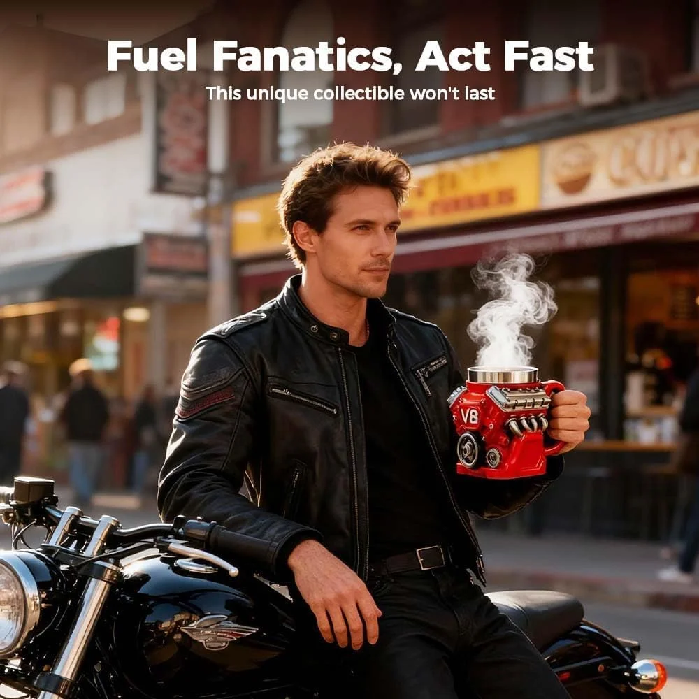 V8 engine-shaped coffee mug, retro style, made of stainless steel, customizable, double-walled design, insulated for car use, with handle, the perfect gift for Father's Day, Christmas, or for your husband or boyfriend (red, 1 piece).