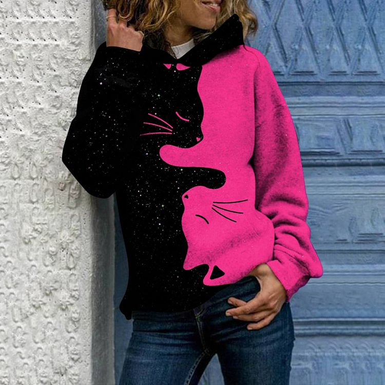 Comstylish Contrast Cat Print Casual Hoodie