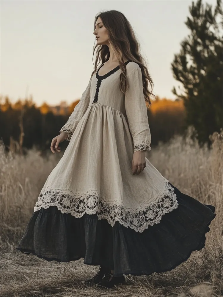 Lunivibe Vintage Lace Hem Contrast Bottom Flowy Linen Dress