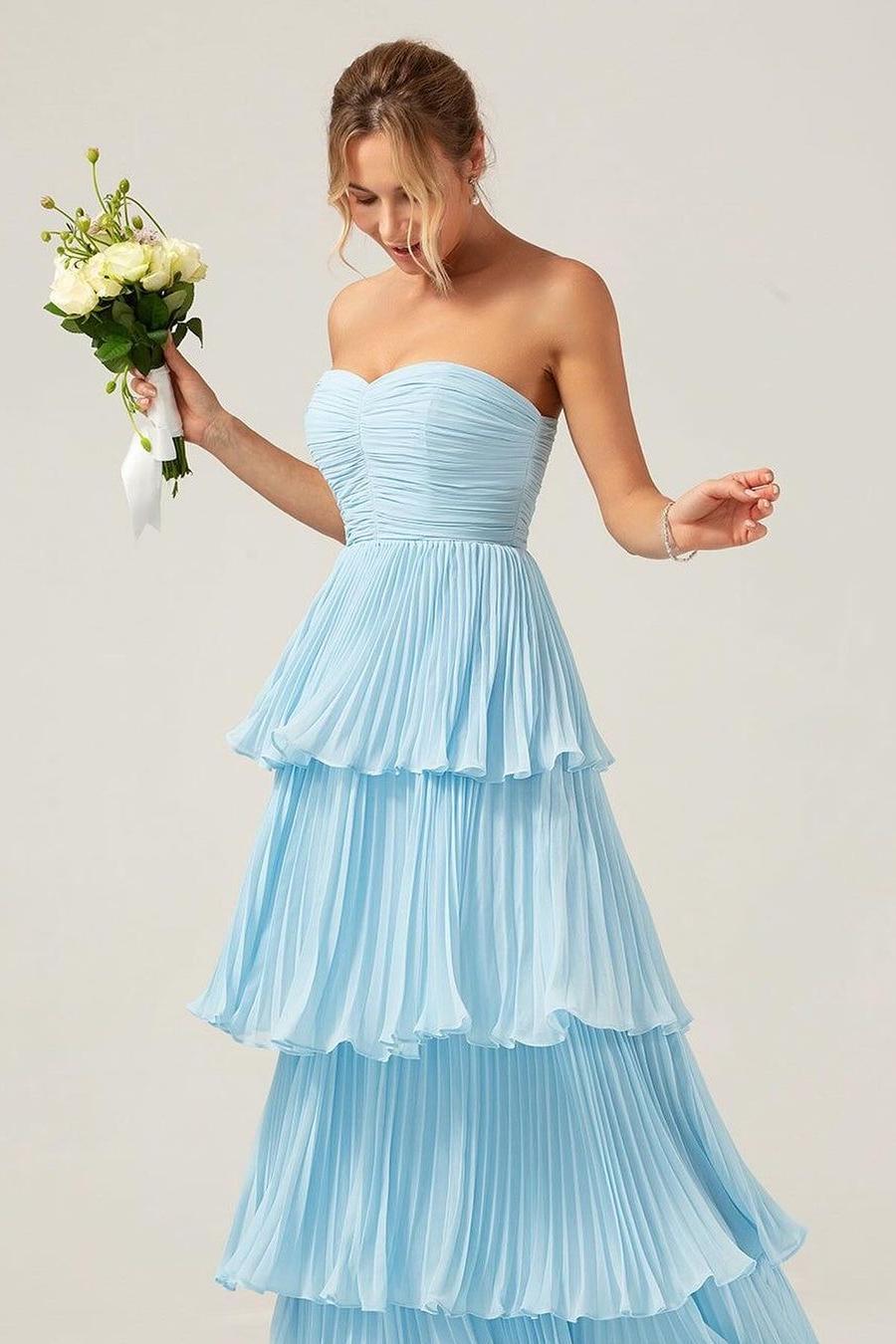 Beautiful Sky Blue Sweetheart Chiffon Sleeveless Long Cake Prom Dress with Ruffles | MS0666 