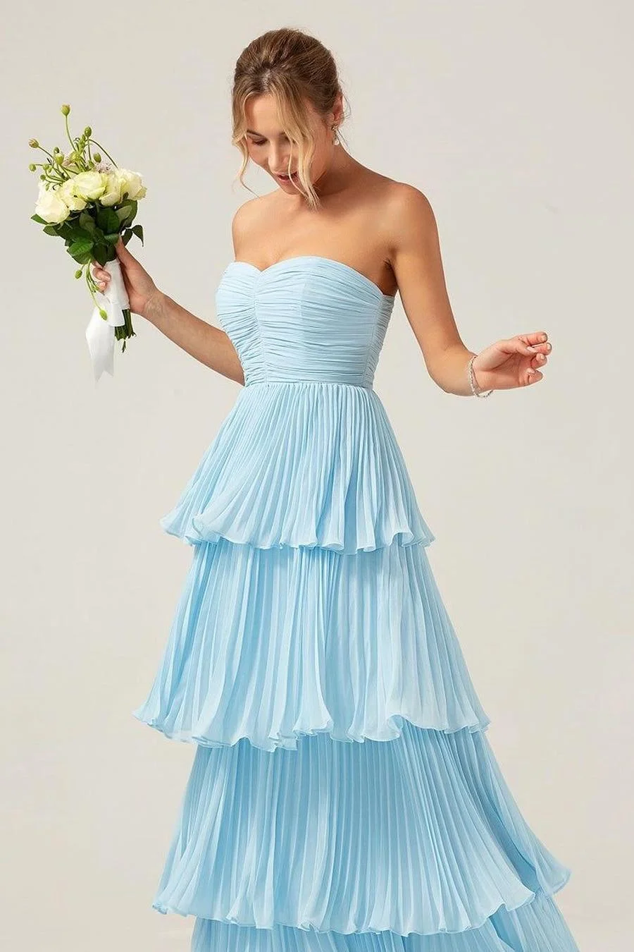 Miabel Beautiful Sky Blue Chiffon Sweetheart Sleeveless Long Cake Prom Dress with Ruffles 