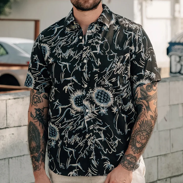 Casual Cotton Printed Single Breasted Lapel Short Sleeve Shirt