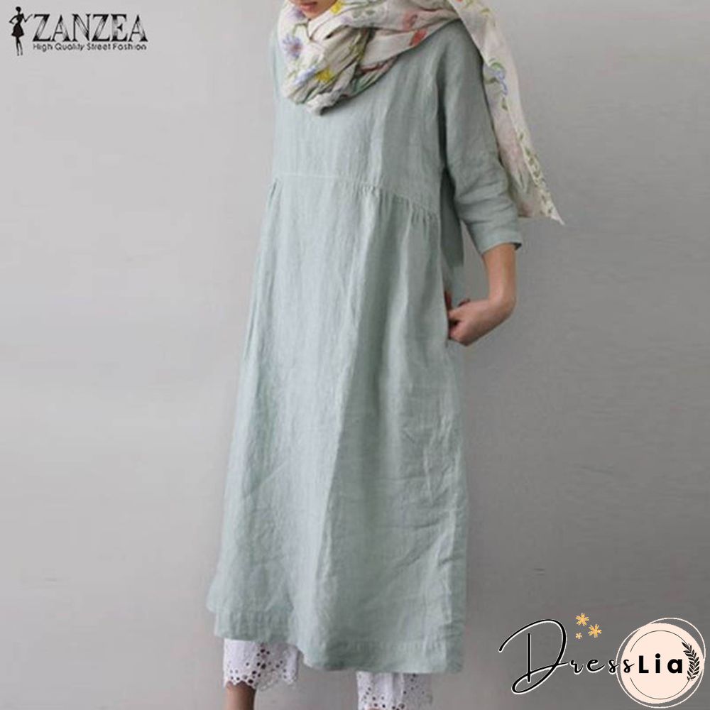 ZANZEA Women O-Neck 3/4 Sleeve Solid Color Loose Shirt Dress Kaftan Dress Plus Size S-5XL