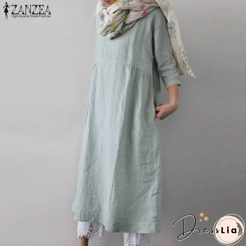ZANZEA Women O-Neck 3/4 Sleeve Solid Color Loose Shirt Dress Kaftan Dress Plus Size S-5XL