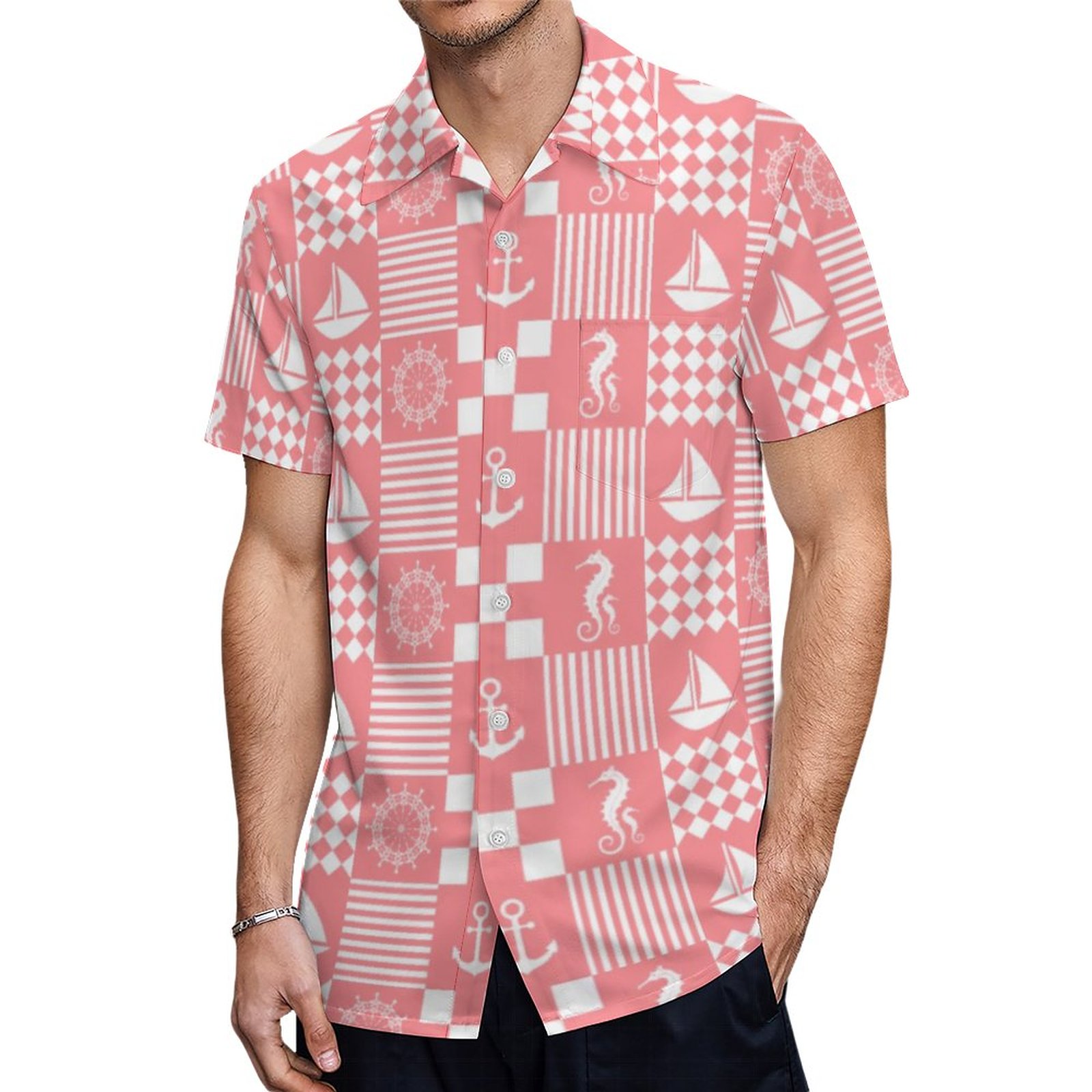 Pink Nautical Patchwork Pattern Hawaiian Shirt Mens Button Down Plus Size Tropical Hawaii Beach Shirts