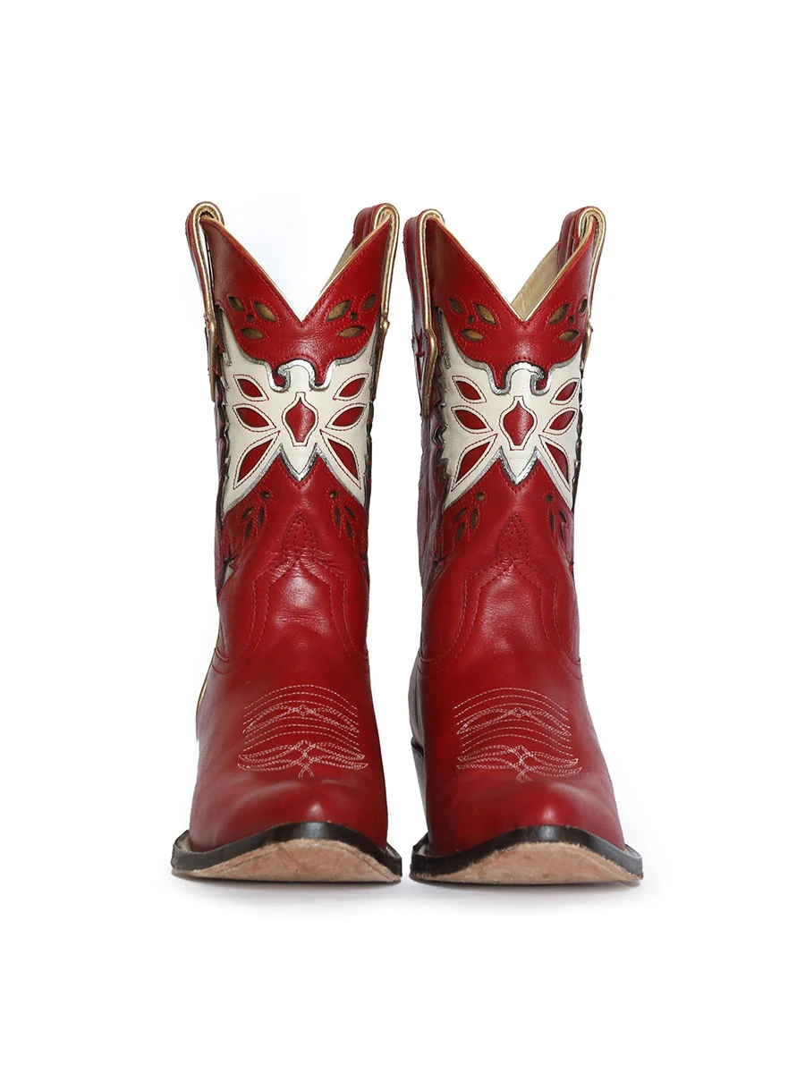 Red Chunky Heel Eagle Embroidered Mid-Calf Cowboy Boots for Women