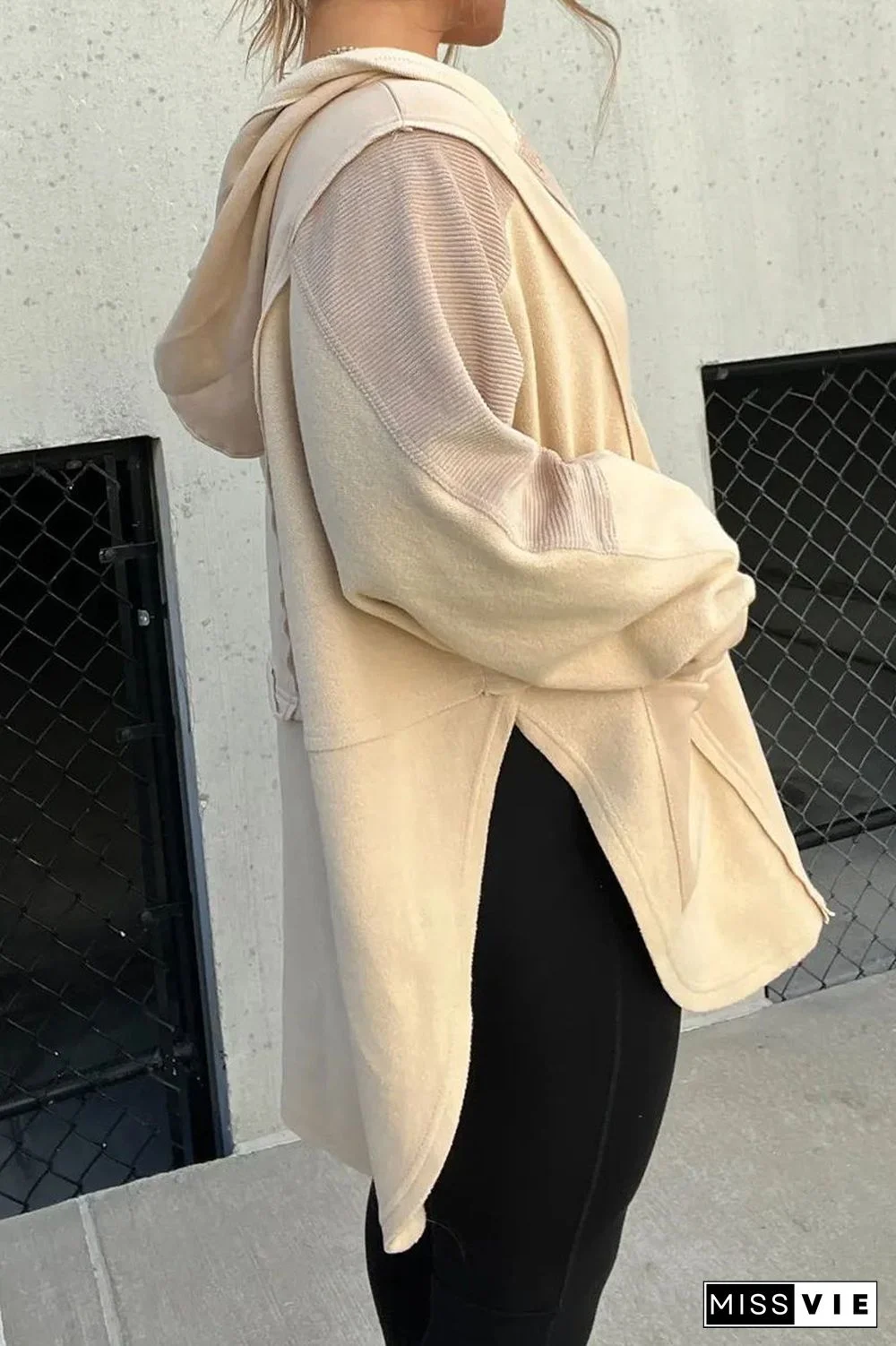 Casual Solid Pocket Slit Hooded Collar Tops