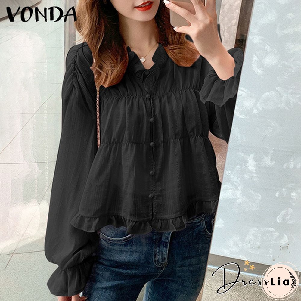 Women Elegant V Neck Flare Sleeve Button Up Shirts Blouse S-5XL Solid Color Pleated Ruffled Hem Lace Tops