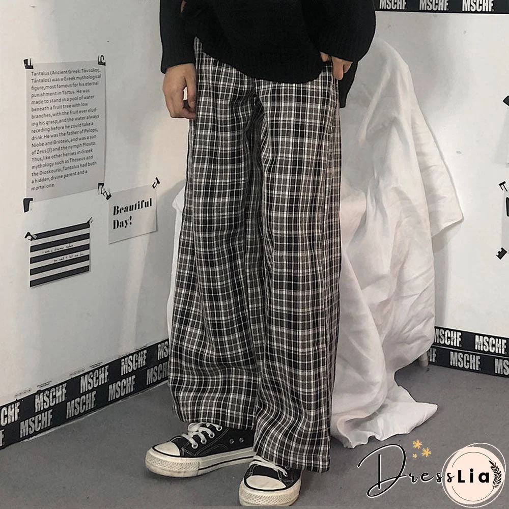 vintage plaid pants elastic waist pants women high waist plus size wide leg Pants Casual female korean trousers women