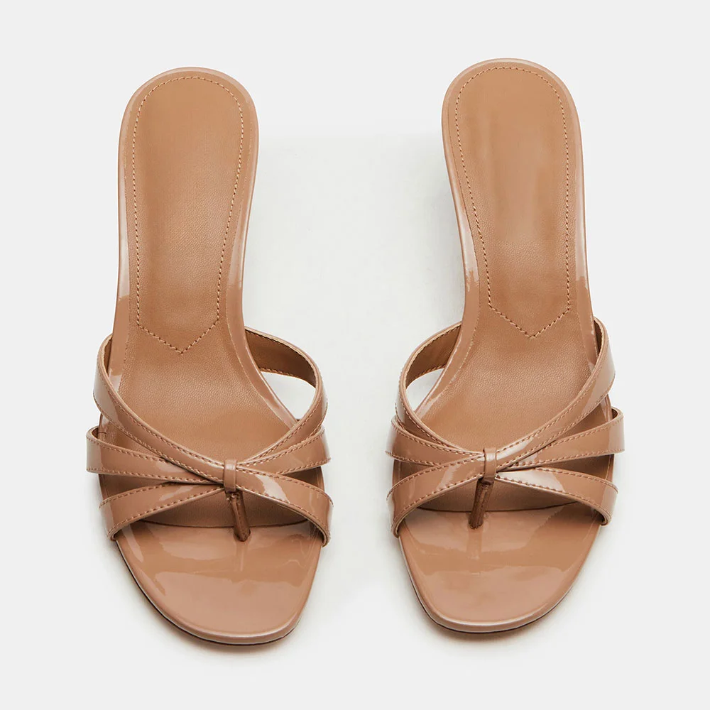Nude Patent Leather Open Toe Flip Flop Spool Heel Mules Sandals