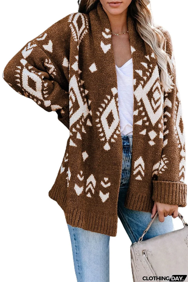 Aztec print Open Front Knitted Sweater