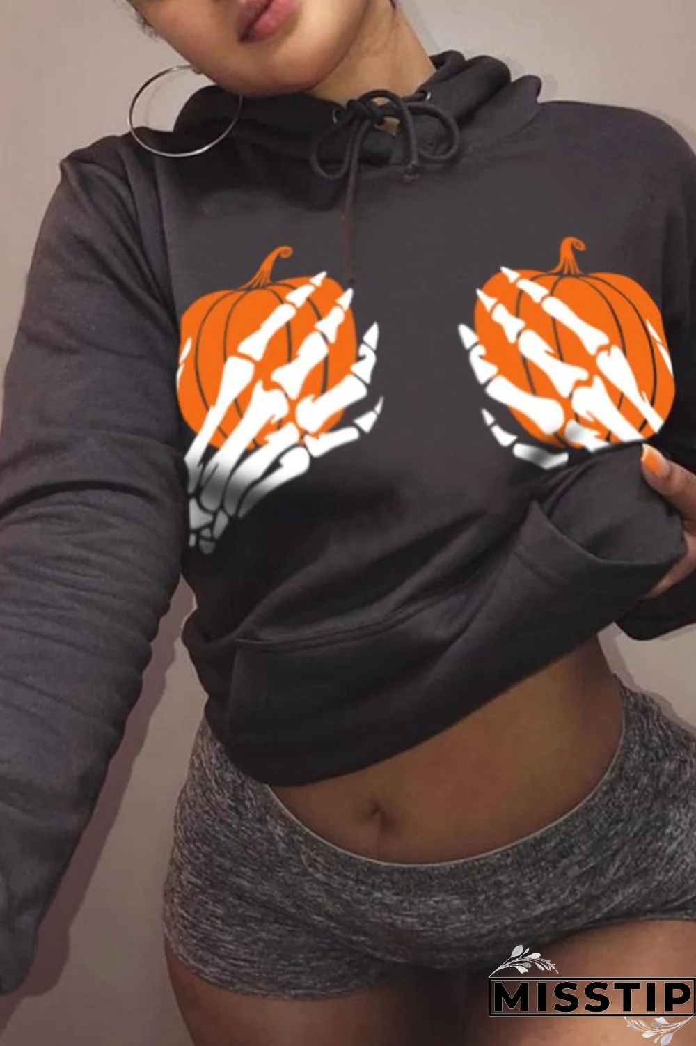 Black Fashion Print Patchwork Hooded Collar Tops