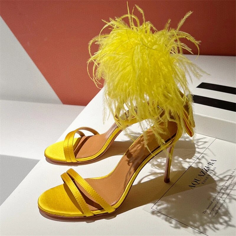 VCSHOES Fairy Feather Cover Heels Strap Sandals For Girls Women Satin Narrow Band Stiletto Heel Party Shoes