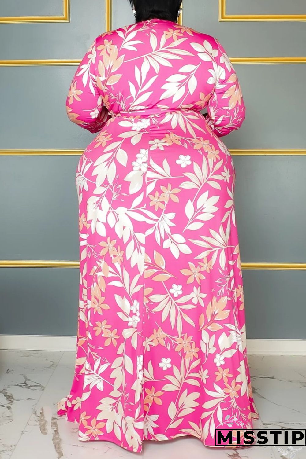 Pink Casual Print Frenulum V Neck Long Sleeve Plus Size Dresses