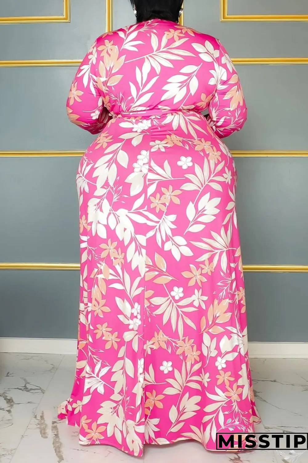 Pink Casual Print Frenulum V Neck Long Sleeve Plus Size Dresses